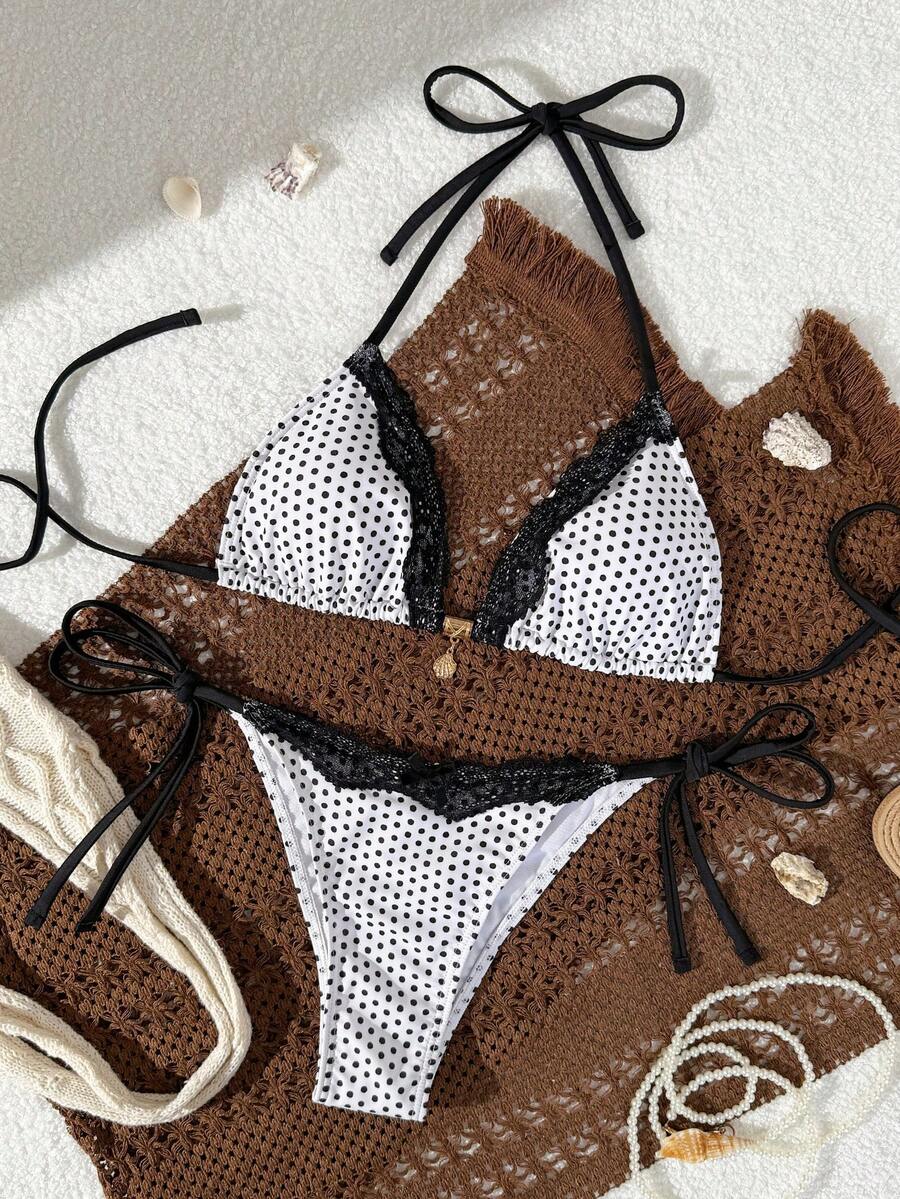 Multicolor 2-piece halter tie bikini set featuring wireless triangle cups with removable padding and tie-side mid-waist bottoms.