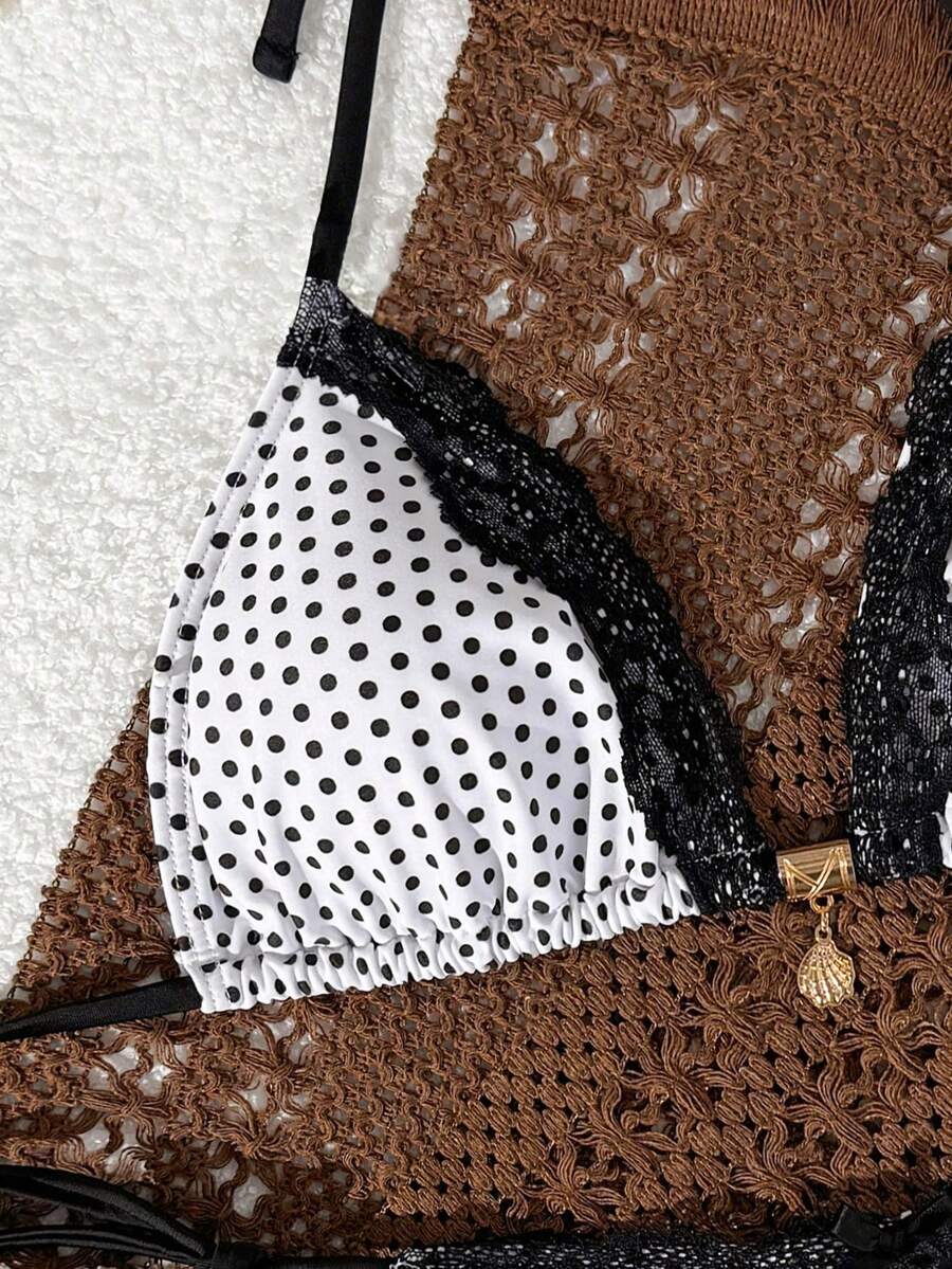 Multicolor 2-piece halter tie bikini set featuring wireless triangle cups with removable padding and tie-side mid-waist bottoms.