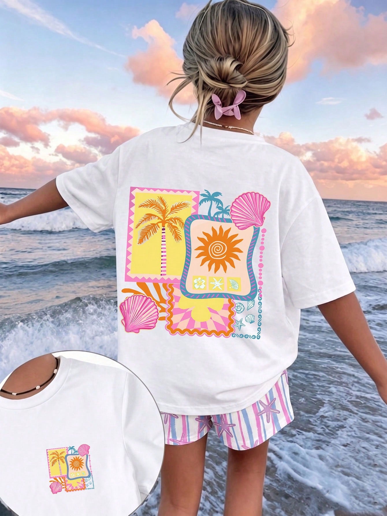 Girls' multicolor short sleeve T-shirt and shorts set featuring a cute cherry and bow print with round neck top and matching shorts.