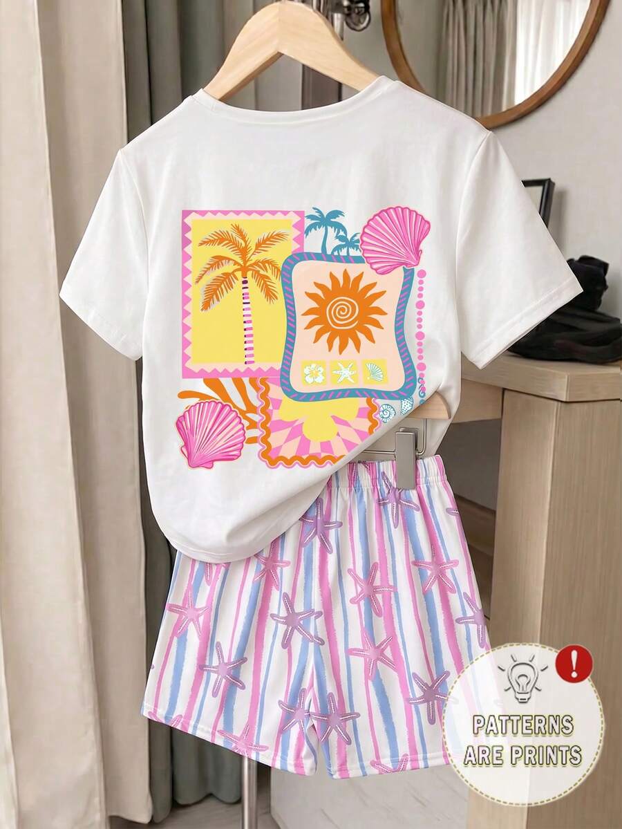Girls' multicolor short sleeve T-shirt and shorts set featuring a cute cherry and bow print with round neck top and matching shorts.