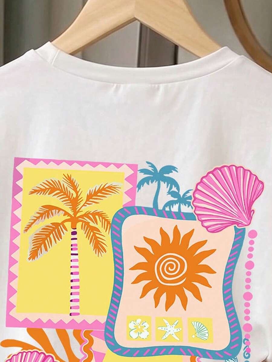 Girls' multicolor short sleeve T-shirt and shorts set featuring a cute cherry and bow print with round neck top and matching shorts.
