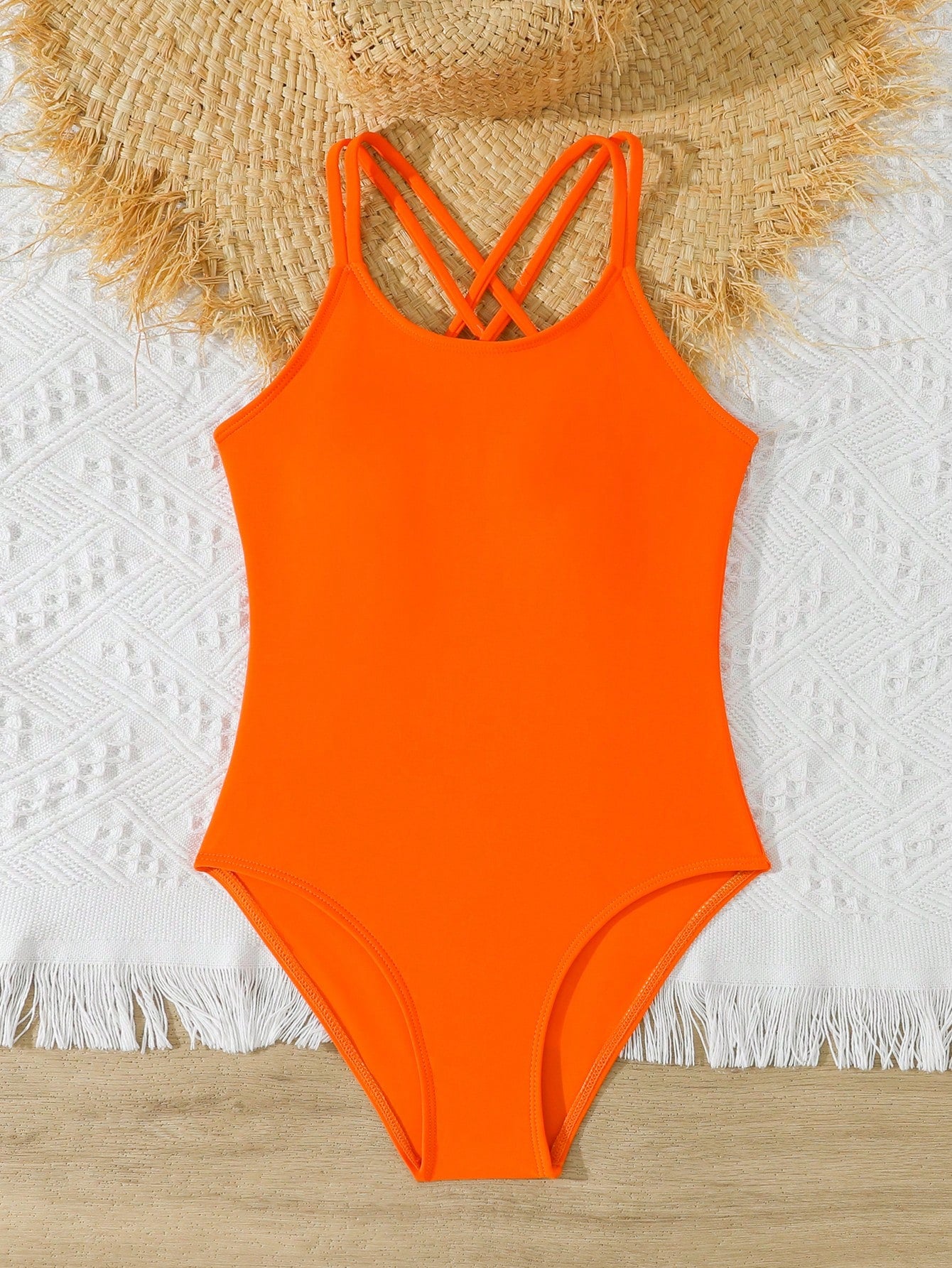 Tween Girls One-Piece Swimsuit With Adjustable Cross Straps, Suitable For Swimming, Summer Vacation, Beach And Seaside