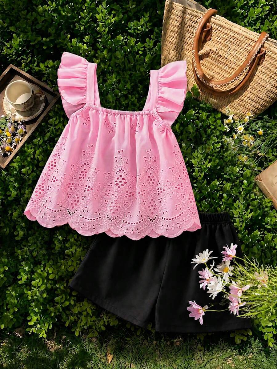 Tween girls 2-piece bohemian outfit set in apricot featuring a square neck embroidered sleeveless camisole top and matching floral wide leg shorts.