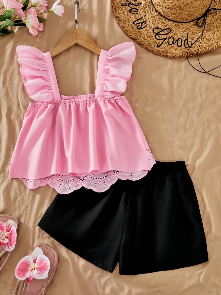 Tween girls 2-piece bohemian outfit set in apricot featuring a square neck embroidered sleeveless camisole top and matching floral wide leg shorts.