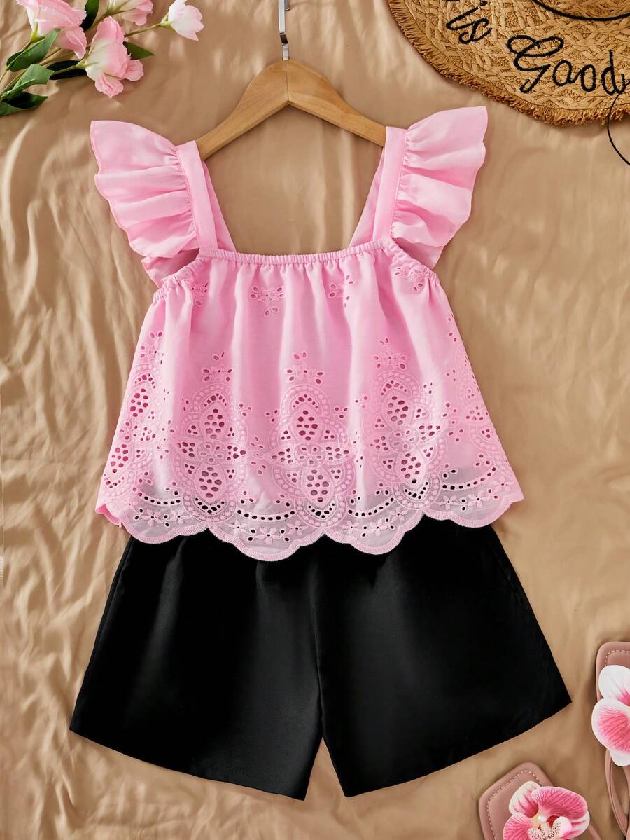Tween girls 2-piece bohemian outfit set in apricot featuring a square neck embroidered sleeveless camisole top and matching floral wide leg shorts.