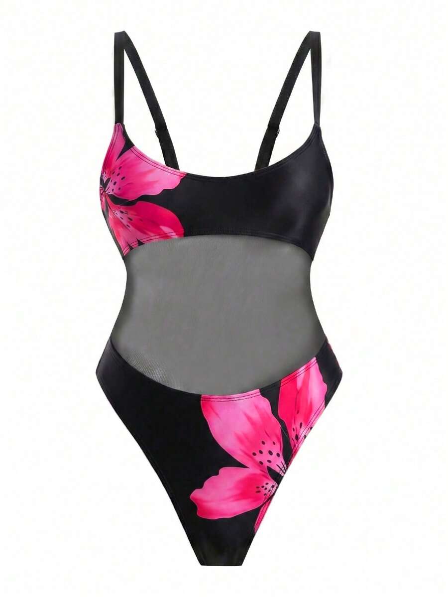 Black floral print mesh patchwork one-piece swimsuit for women featuring spaghetti straps, V-wired triangle cups, and a high waist silhouette.