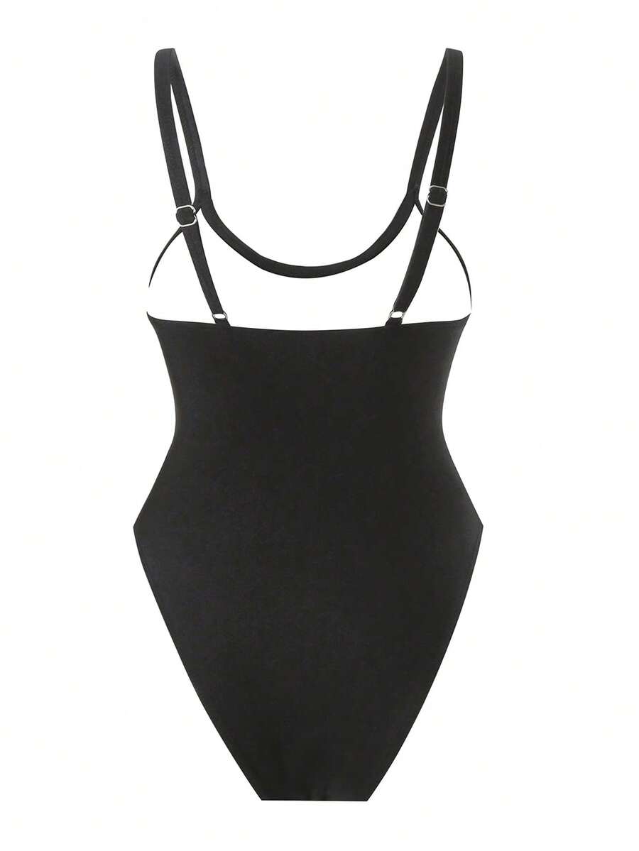 Black floral print mesh patchwork one-piece swimsuit for women featuring spaghetti straps, V-wired triangle cups, and a high waist silhouette.