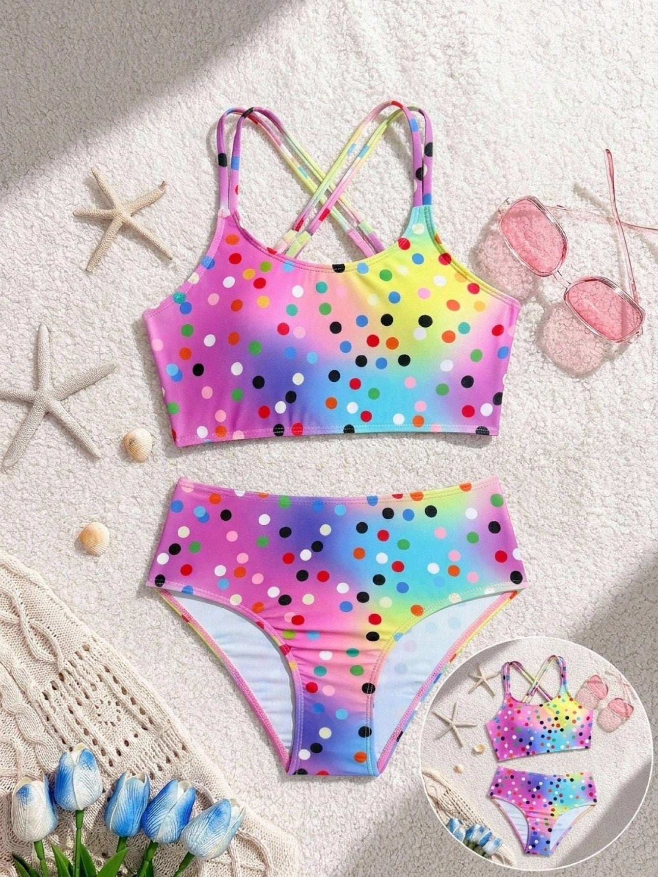 Tween Girls Bikini Sets Orange Summer Modest Activewear Beach Holiday,Knitted Ribbed Two Pieces Swimwear Crisscross Back Tank Top With Briefs Set
