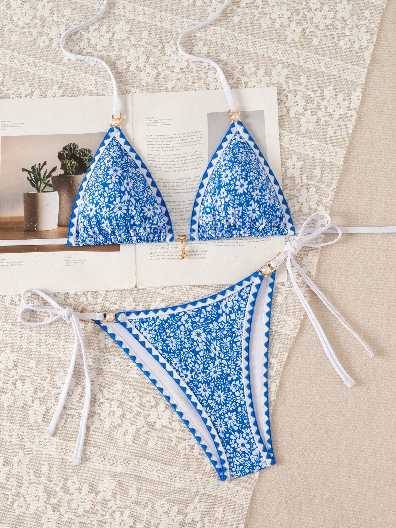 Women's triangle bikini set with contrast lace wireless bra top and ultra high waist tie side bottoms.