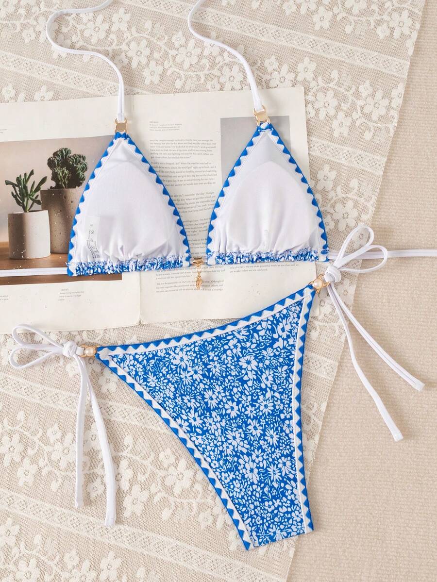 Women's triangle bikini set with contrast lace wireless bra top and ultra high waist tie side bottoms.