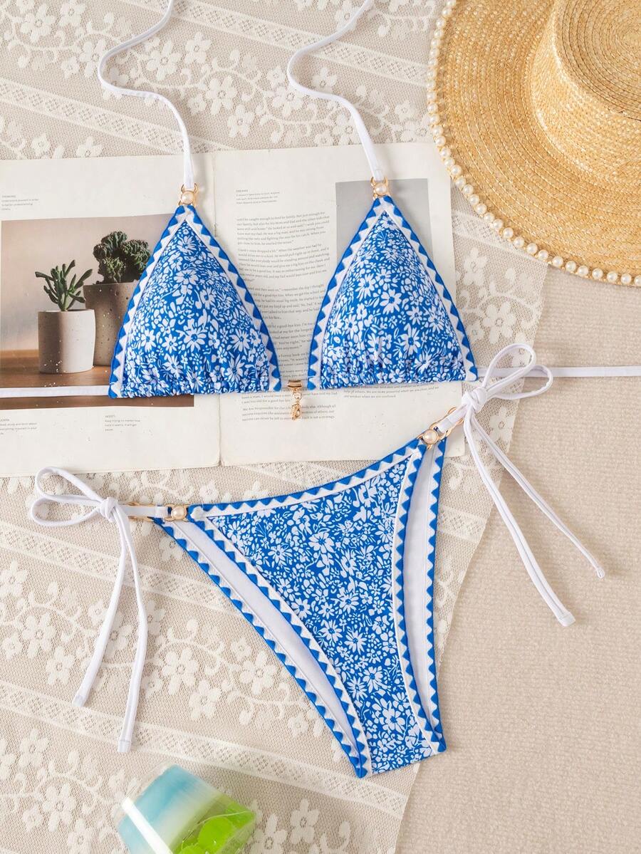 Women's triangle bikini set with contrast lace wireless bra top and ultra high waist tie side bottoms.