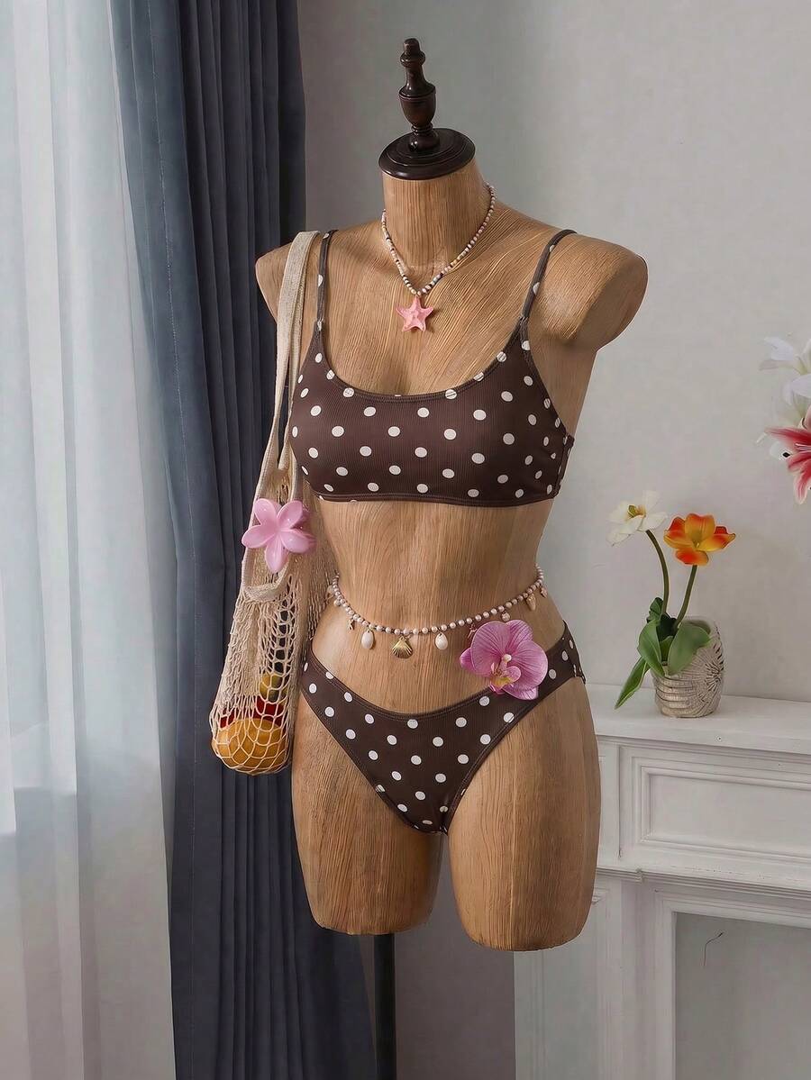 Apricot ribbed high waist two piece bikini swimsuit set for women featuring backless spaghetti strap top and high waisted bottoms.