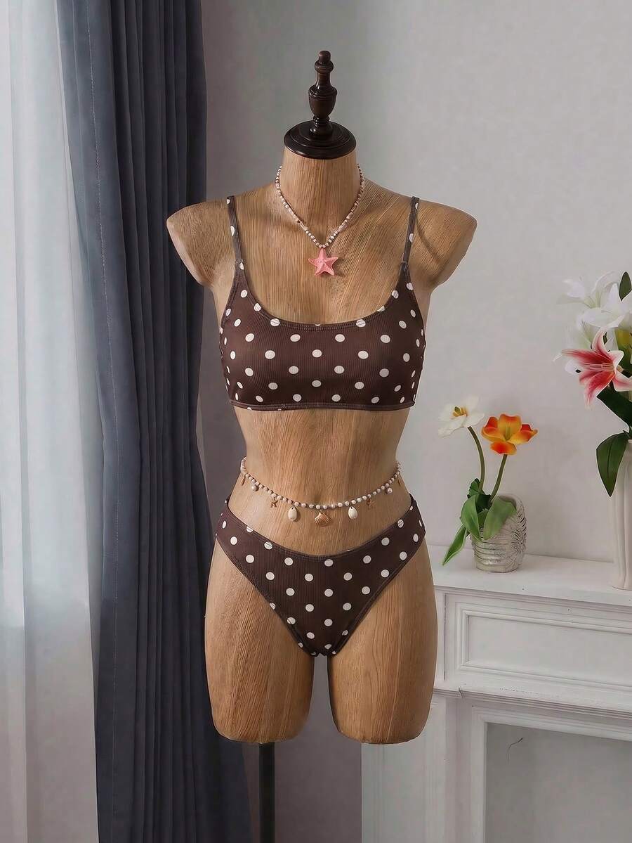 Apricot ribbed high waist two piece bikini swimsuit set for women featuring backless spaghetti strap top and high waisted bottoms.
