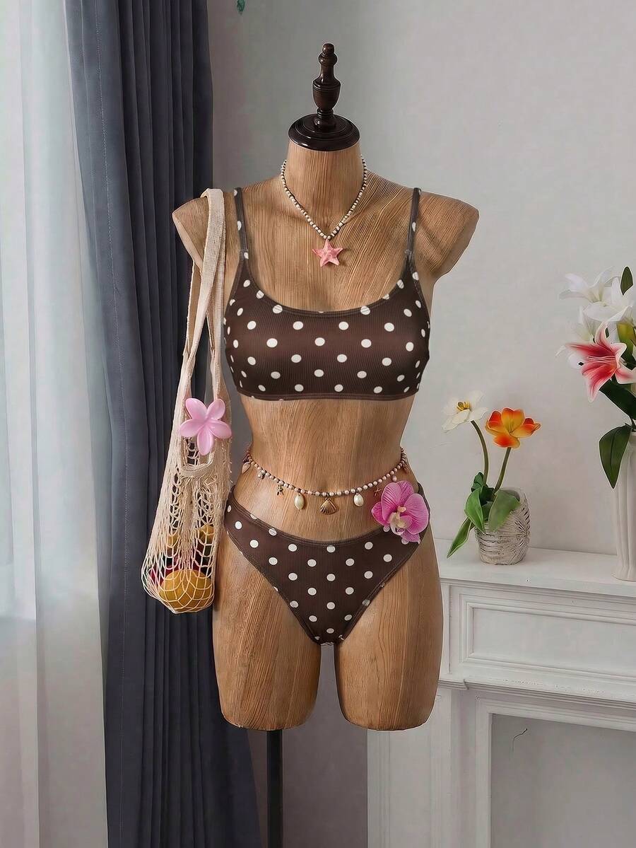 Apricot ribbed high waist two piece bikini swimsuit set for women featuring backless spaghetti strap top and high waisted bottoms.