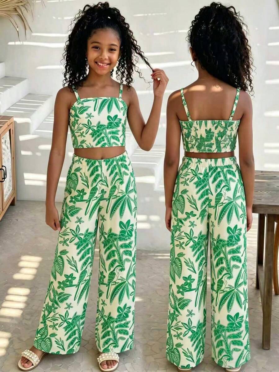 Tween girls casual 2-piece set featuring an apricot woven camisole crop top with back shirring and matching high-waisted loose long pants.