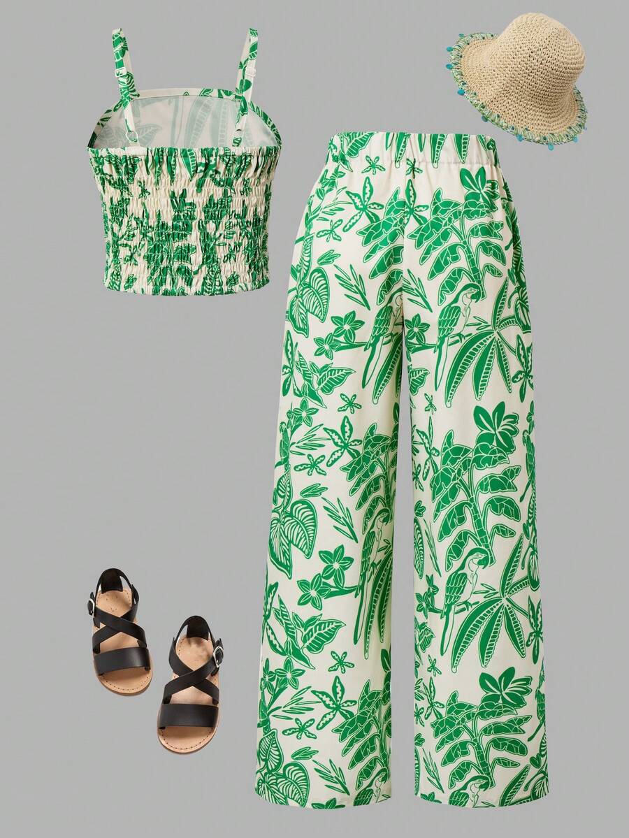 Tween girls casual 2-piece set featuring an apricot woven camisole crop top with back shirring and matching high-waisted loose long pants.
