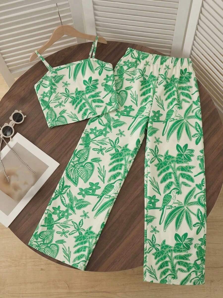 Tween girls casual 2-piece set featuring an apricot woven camisole crop top with back shirring and matching high-waisted loose long pants.