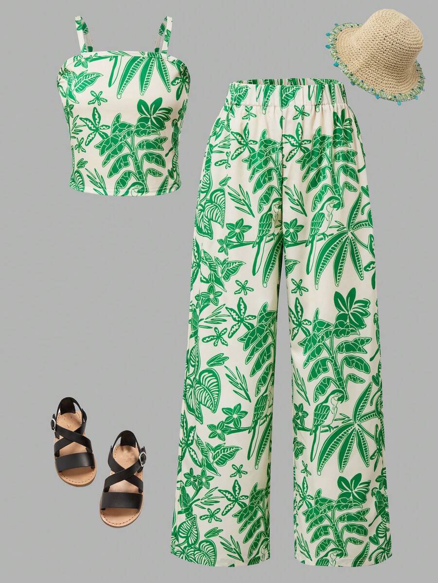 Tween girls casual 2-piece set featuring an apricot woven camisole crop top with back shirring and matching high-waisted loose long pants.