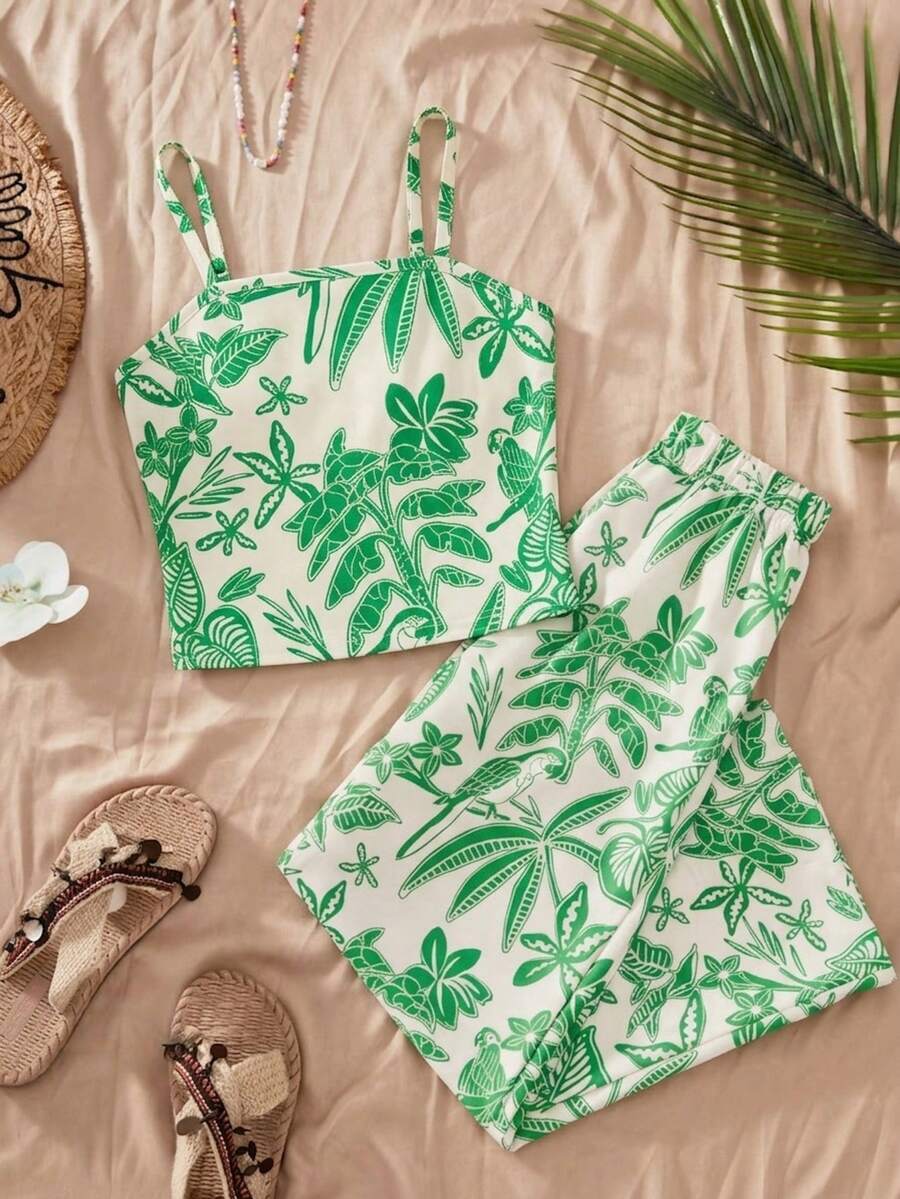 Tween girls casual 2-piece set featuring an apricot woven camisole crop top with back shirring and matching high-waisted loose long pants.