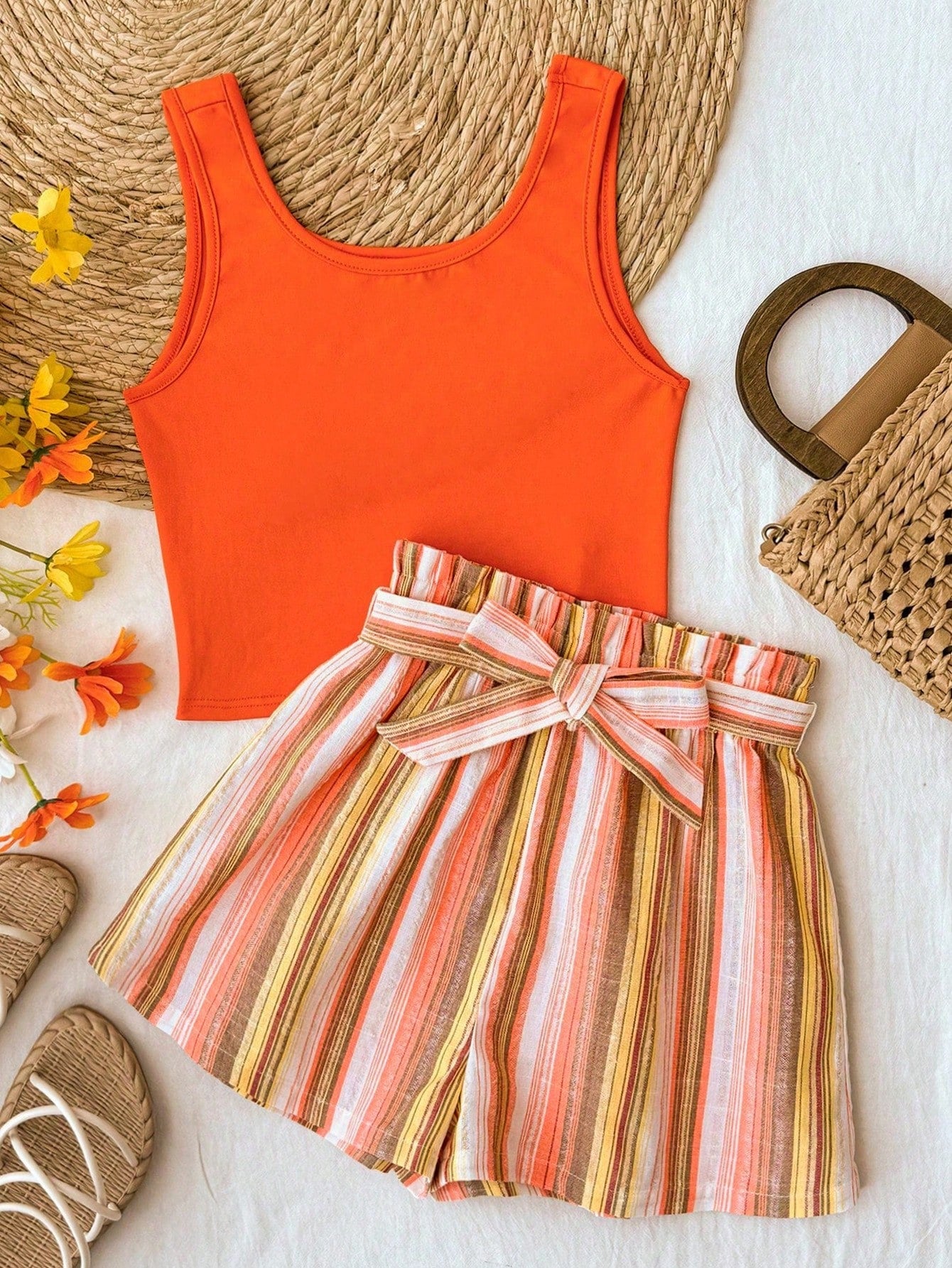 Tween girl summer two-piece outfit featuring a white scoop neck tank top and green ditsy floral print paperbag waist shorts with belt.