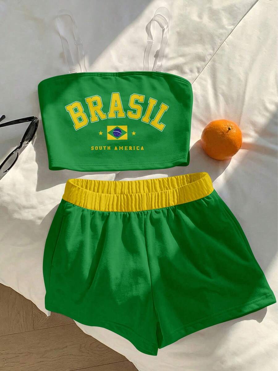 Tween girls two-piece summer outfit featuring a brown strapless tube top with contrast pink tape accent and matching brown shorts with pockets.