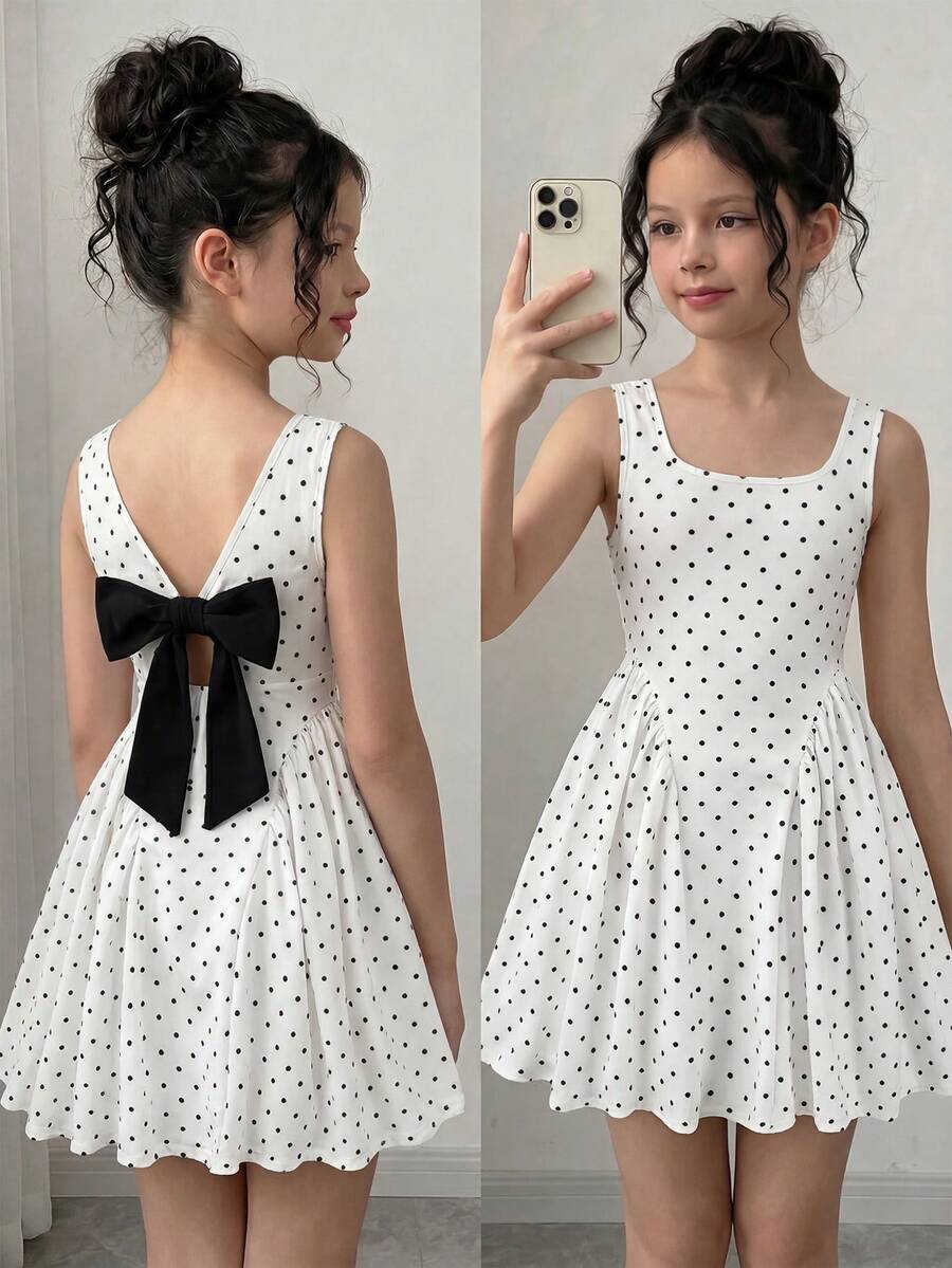 Black and white polka dot sleeveless A-line dress for tween girls featuring a scoop neck, high waist, and flared hem.