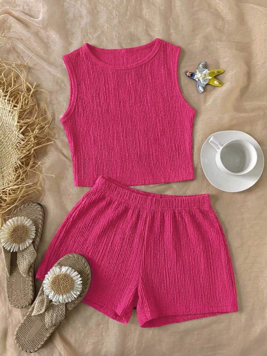 Tween girls black rib-knit round neck slim fit top and textured shorts casual summer set.