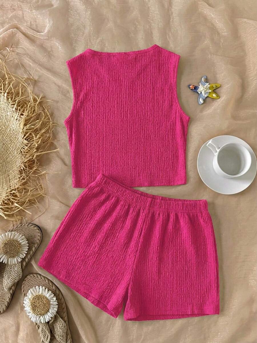 Tween girls black rib-knit round neck slim fit top and textured shorts casual summer set.