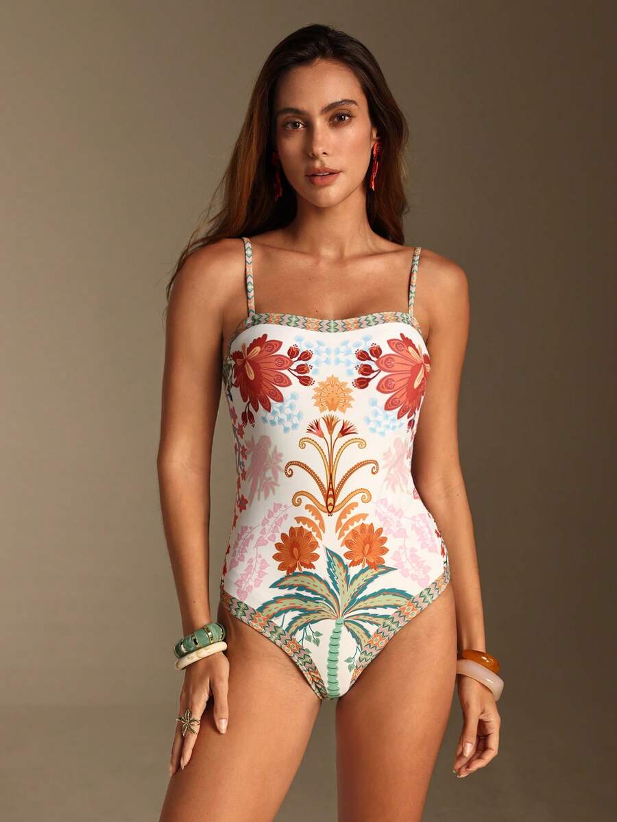 Swim Oasis women's tropical palm tree print army green one-piece swimsuit featuring spaghetti straps, removable padding, and matching shorts for beach vacations.