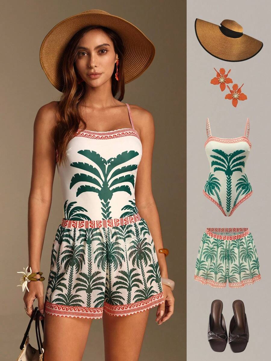 Swim Oasis women's tropical palm tree print army green one-piece swimsuit featuring spaghetti straps, removable padding, and matching shorts for beach vacations.