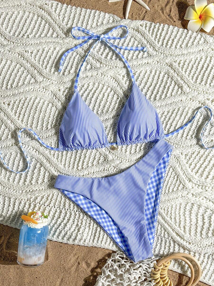 Women's black textured plaid 2-piece bikini set featuring a halter neckline, wireless triangle cups with removable padding, and mid-waist bottoms.