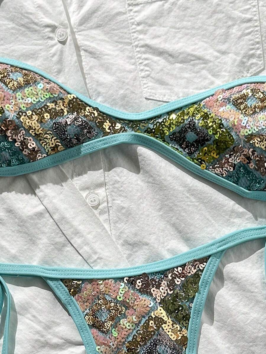 Apricot 2-piece sequin textured halter bikini set featuring a wireless top with lace-up backless ties and matching low-waist side-tie thong bottoms.