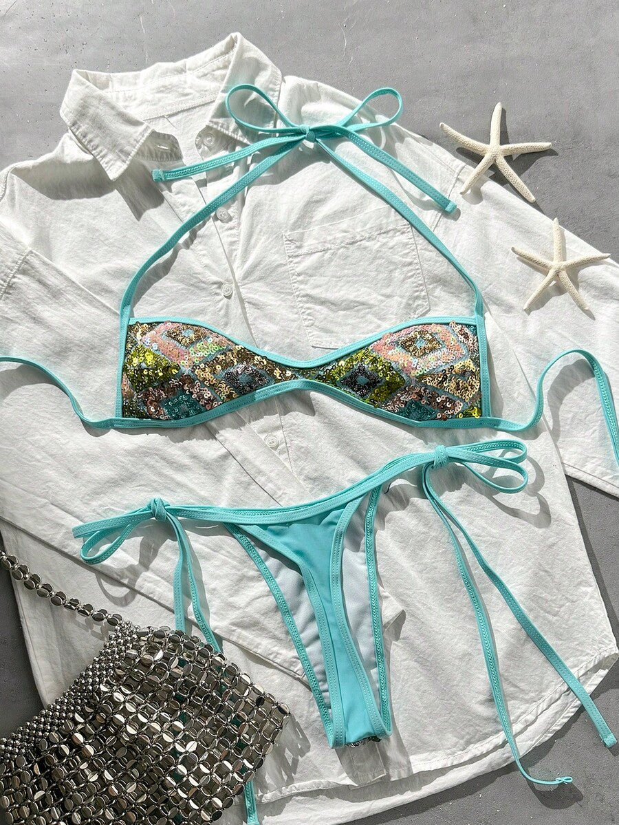 Apricot 2-piece sequin textured halter bikini set featuring a wireless top with lace-up backless ties and matching low-waist side-tie thong bottoms.