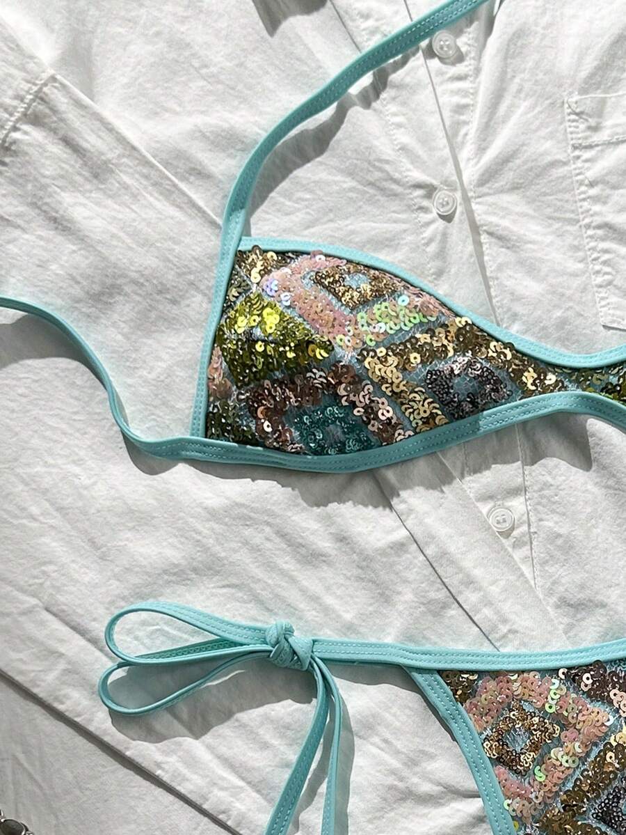 Apricot 2-piece sequin textured halter bikini set featuring a wireless top with lace-up backless ties and matching low-waist side-tie thong bottoms.