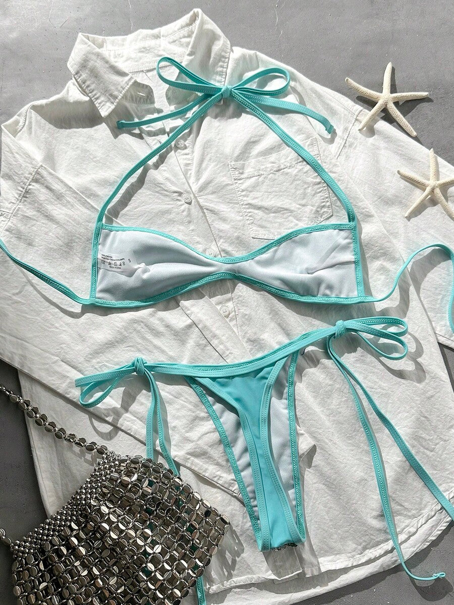 Apricot 2-piece sequin textured halter bikini set featuring a wireless top with lace-up backless ties and matching low-waist side-tie thong bottoms.