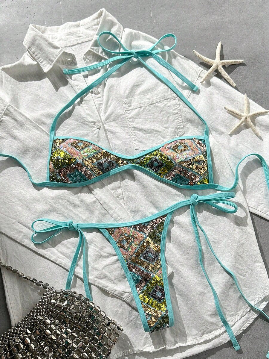 Apricot 2-piece sequin textured halter bikini set featuring a wireless top with lace-up backless ties and matching low-waist side-tie thong bottoms.