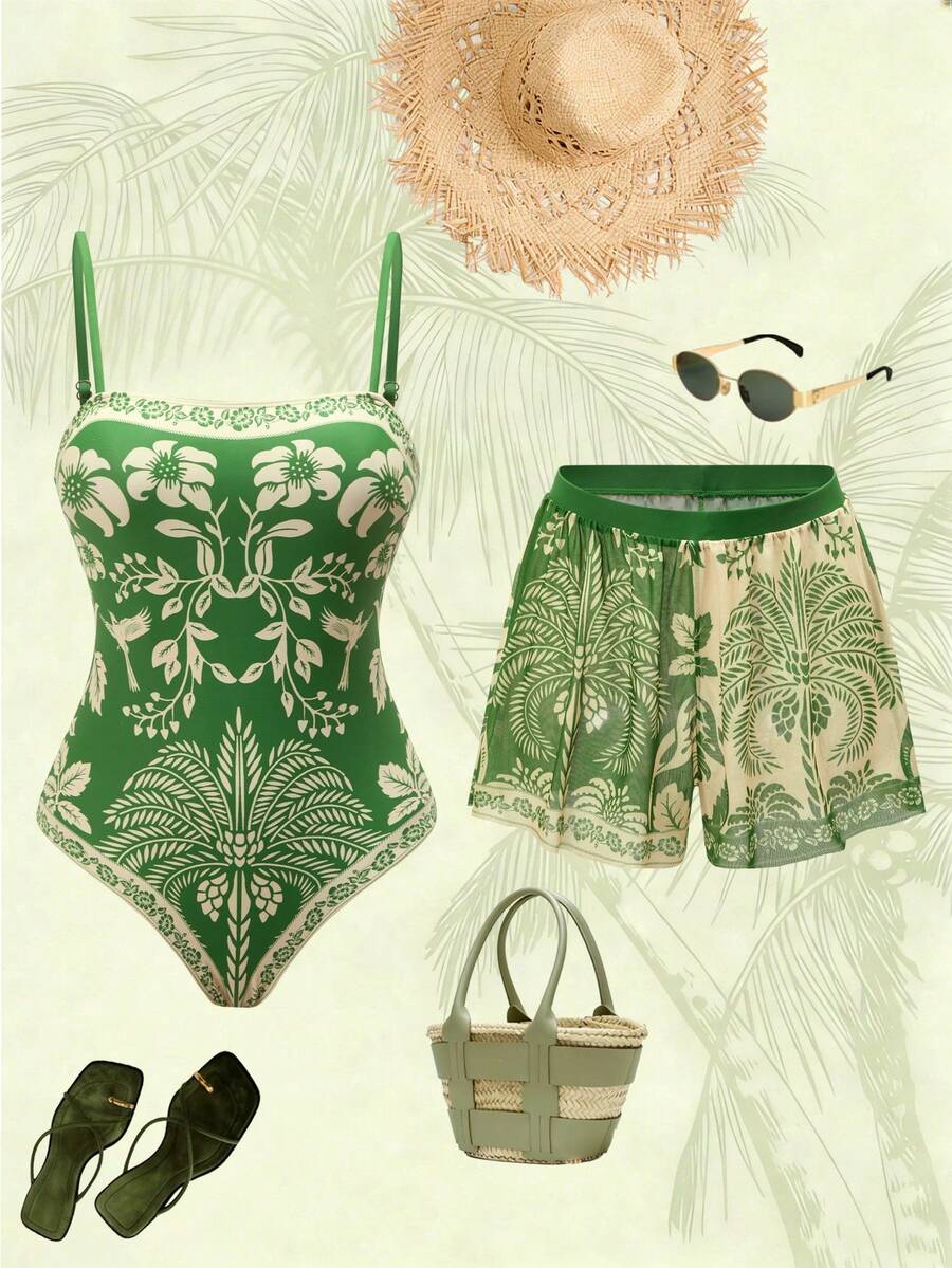 Swim Oasis women's tropical palm tree print army green one-piece swimsuit featuring spaghetti straps, removable padding, and matching shorts for beach vacations.