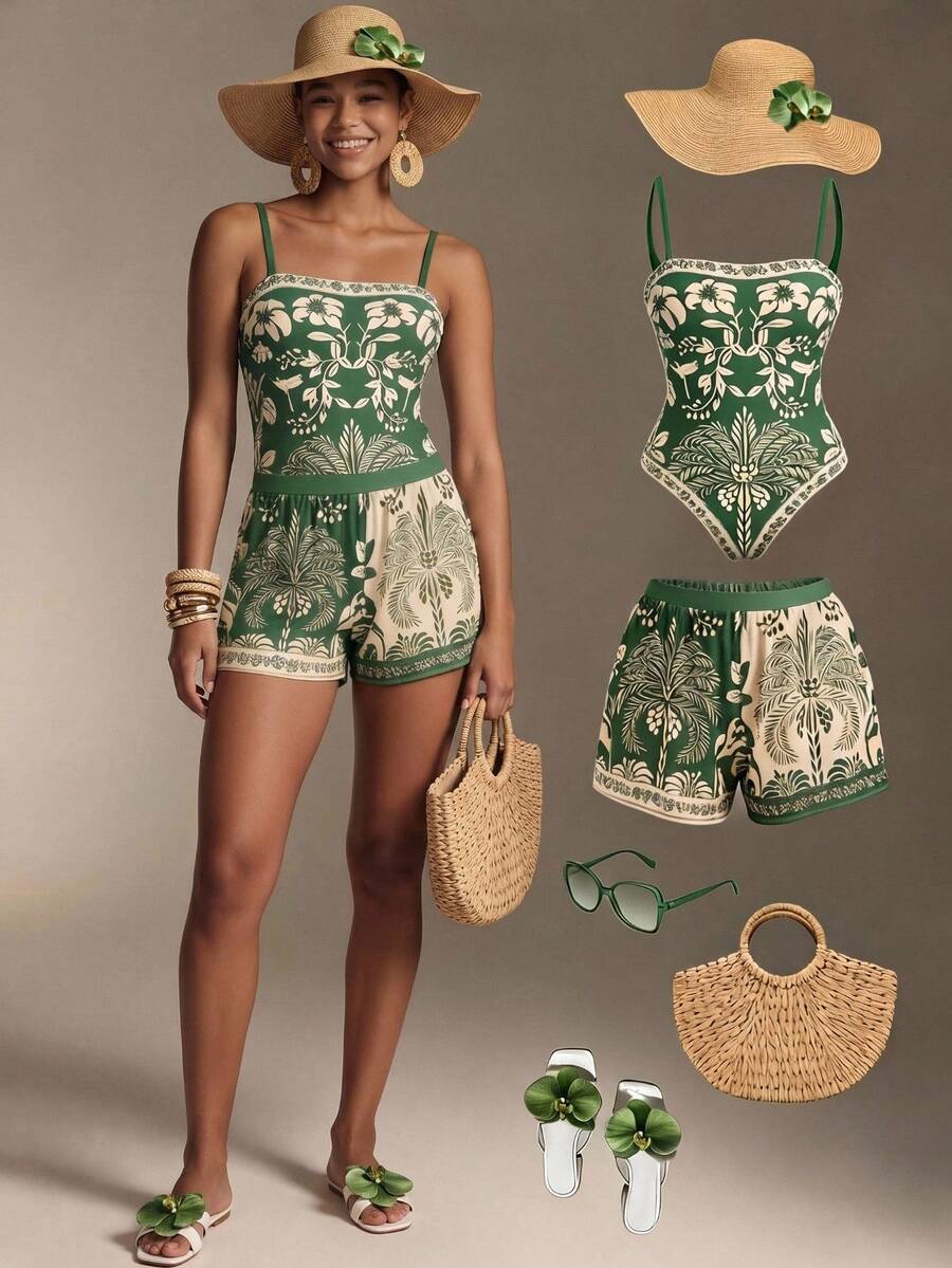 Swim Oasis women's tropical palm tree print army green one-piece swimsuit featuring spaghetti straps, removable padding, and matching shorts for beach vacations.