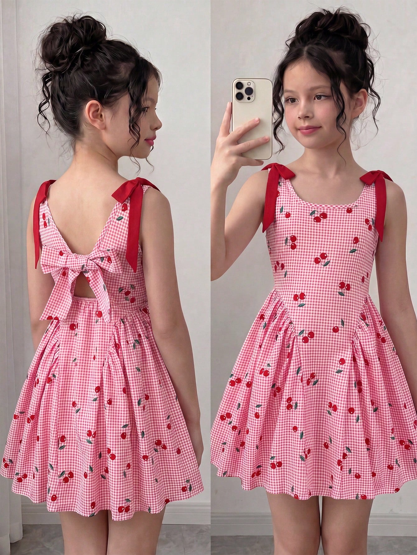 Black and white polka dot sleeveless A-line dress for tween girls featuring a scoop neck, high waist, and flared hem.