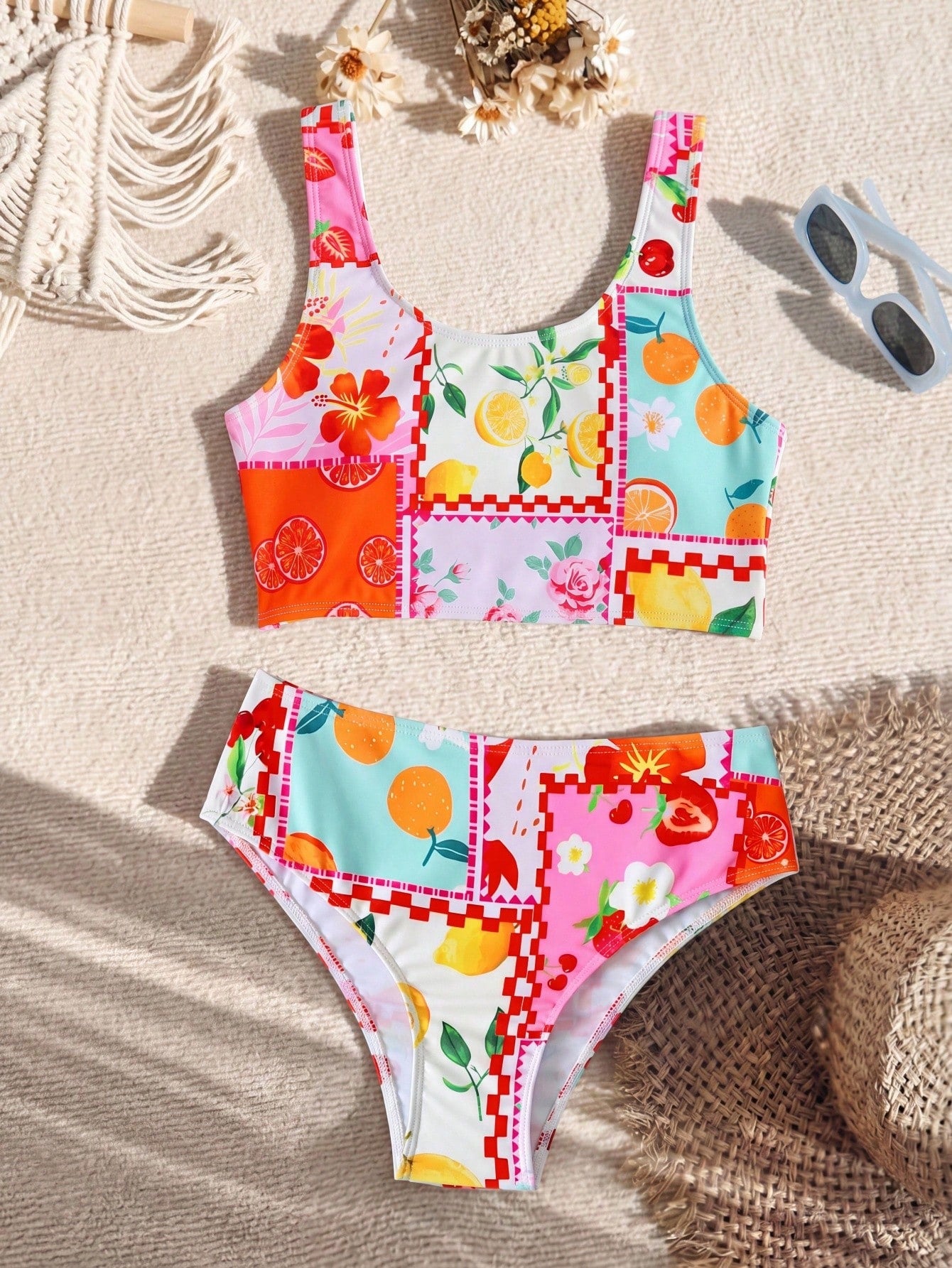 Tween Girl Cute Fruit Print Bikini Set,White Summer Flowy 2pcs Swimwear For Kids Holiday Pool Party,Vintage Floral Patchwork Beach Outfit Bathing Suit