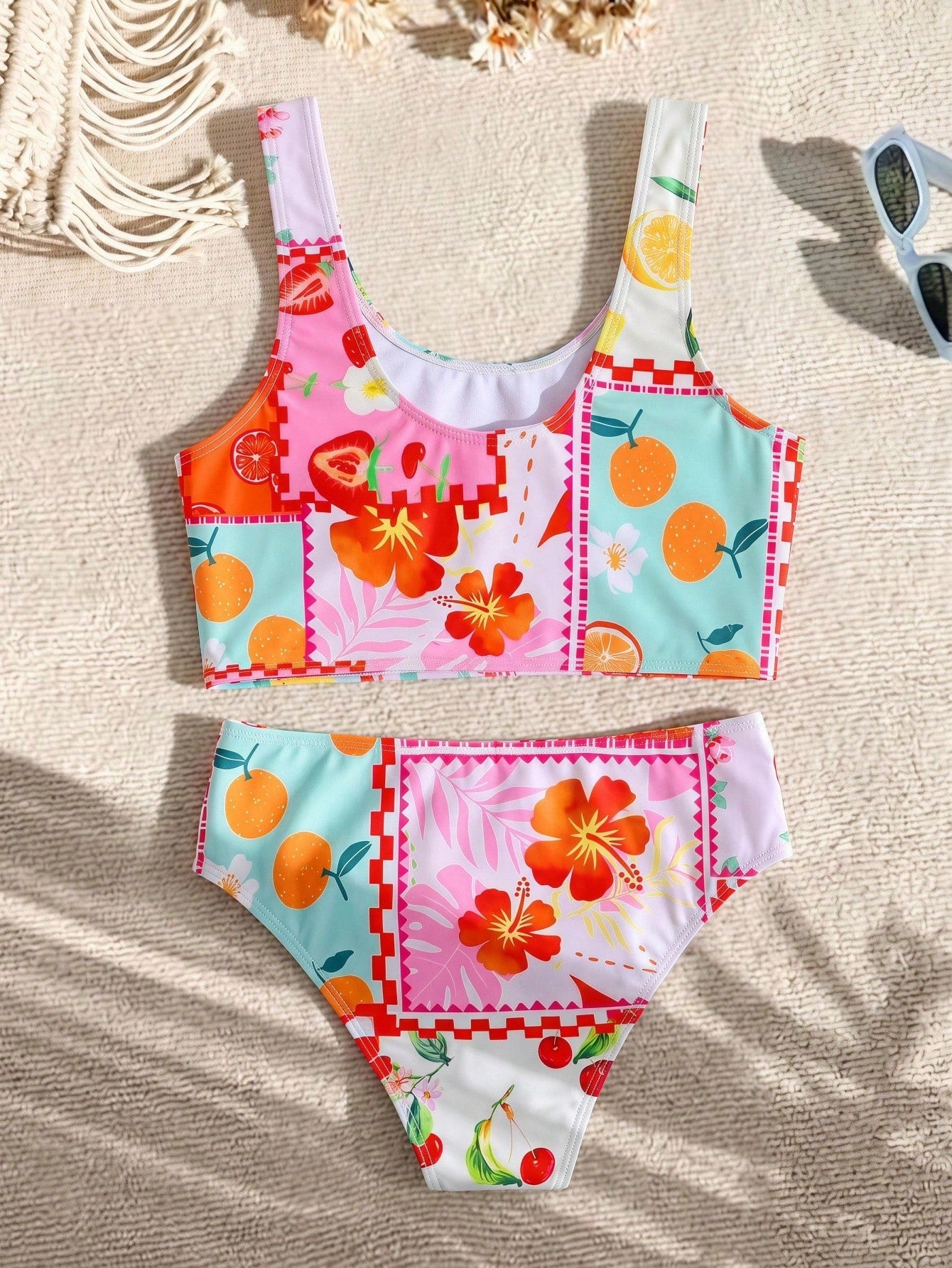 Tween Girl Cute Fruit Print Bikini Set,White Summer Flowy 2pcs Swimwear For Kids Holiday Pool Party,Vintage Floral Patchwork Beach Outfit Bathing Suit