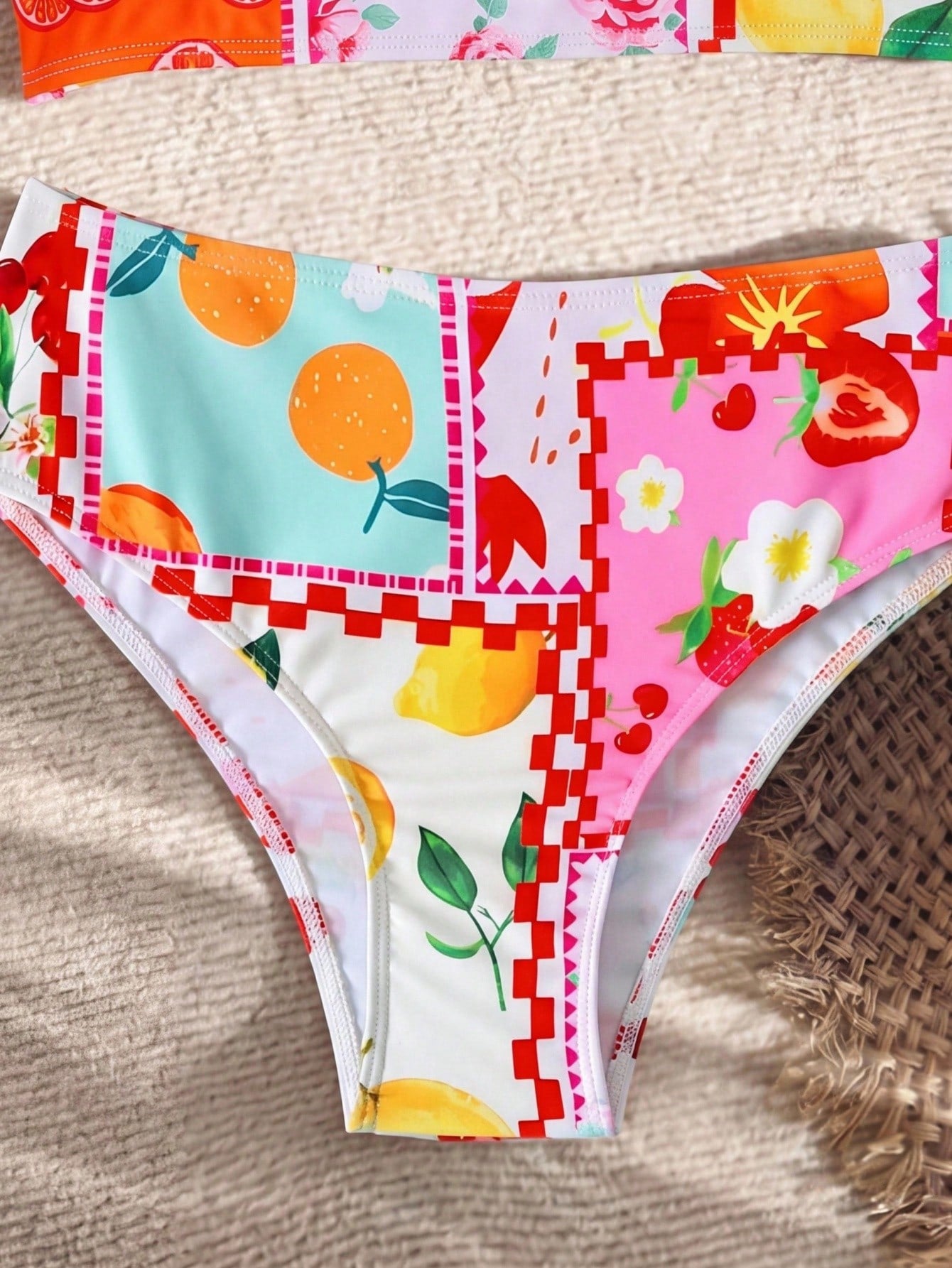 Tween Girl Cute Fruit Print Bikini Set,White Summer Flowy 2pcs Swimwear For Kids Holiday Pool Party,Vintage Floral Patchwork Beach Outfit Bathing Suit