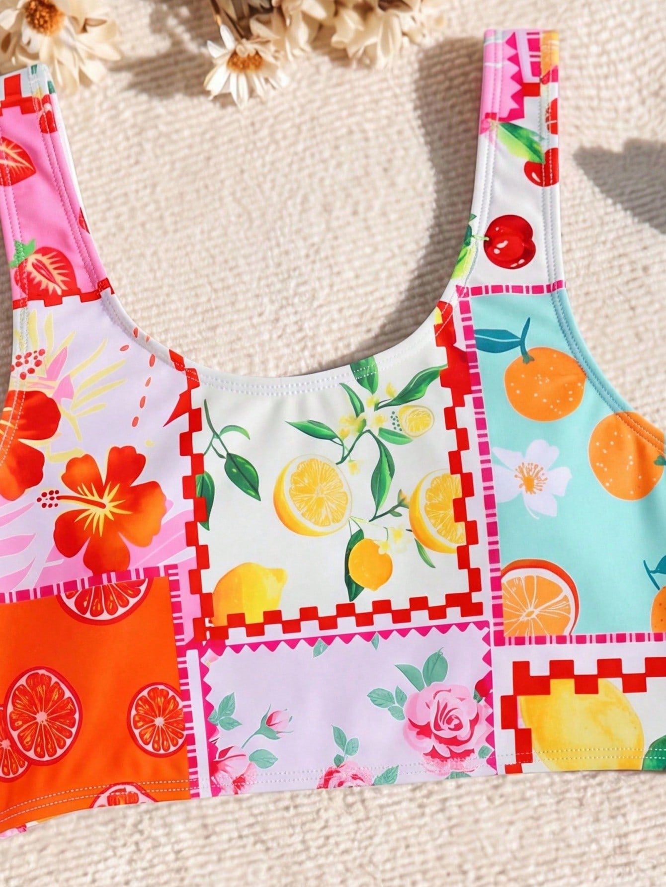 Tween Girl Cute Fruit Print Bikini Set,White Summer Flowy 2pcs Swimwear For Kids Holiday Pool Party,Vintage Floral Patchwork Beach Outfit Bathing Suit