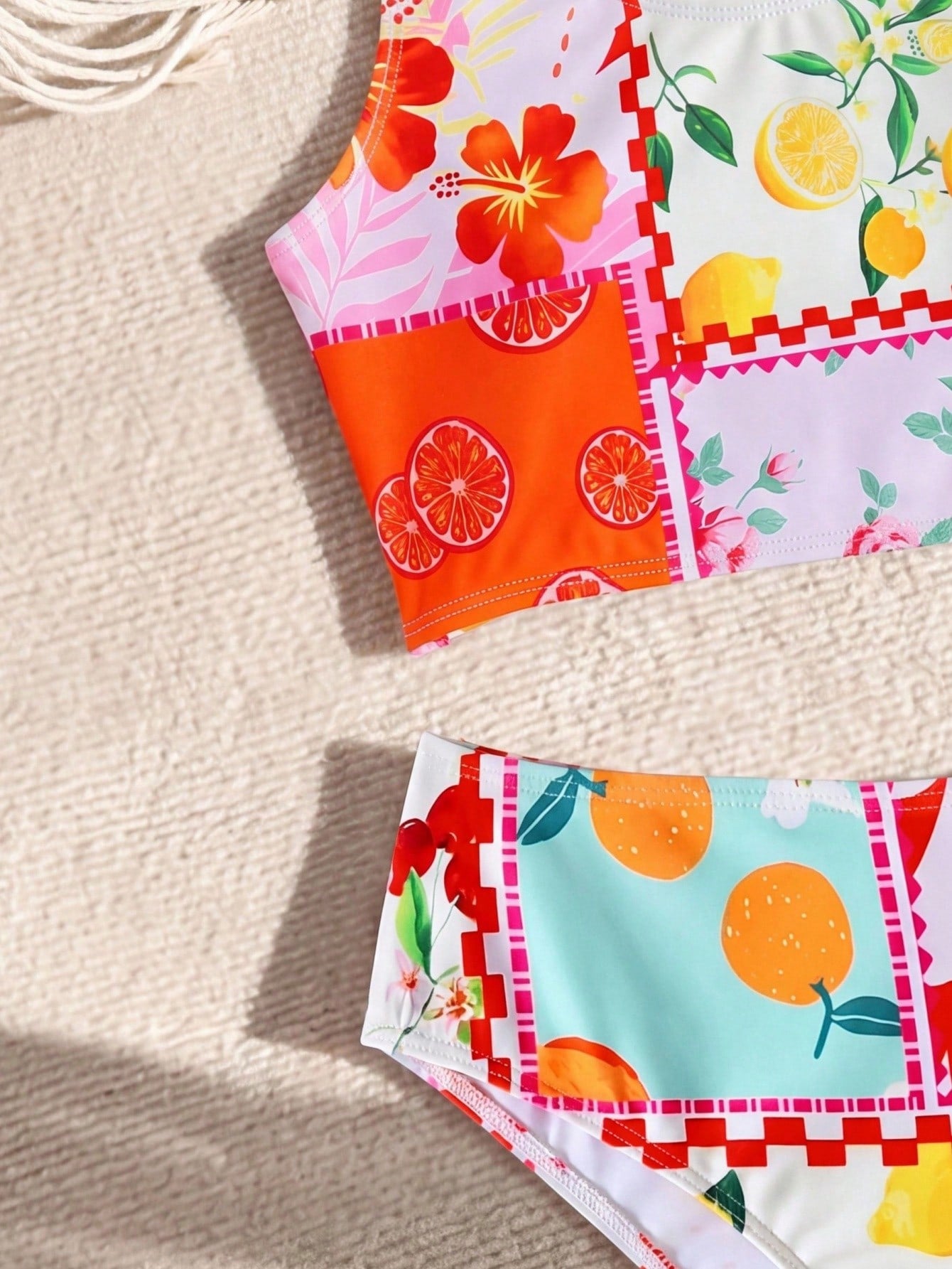 Tween Girl Cute Fruit Print Bikini Set,White Summer Flowy 2pcs Swimwear For Kids Holiday Pool Party,Vintage Floral Patchwork Beach Outfit Bathing Suit