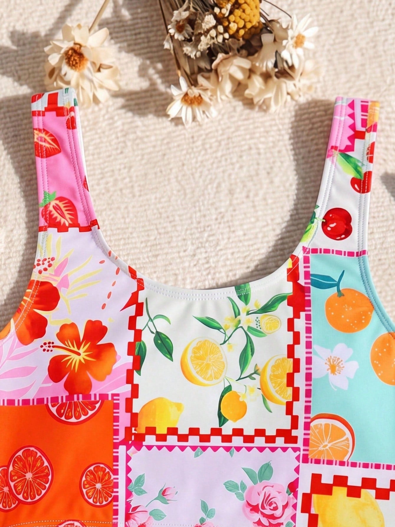 Tween Girl Cute Fruit Print Bikini Set,White Summer Flowy 2pcs Swimwear For Kids Holiday Pool Party,Vintage Floral Patchwork Beach Outfit Bathing Suit