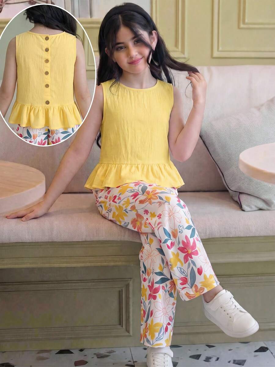 Tween girls casual apricot striped sleeveless top with round neck and ruffle hem paired with matching straight leg pants.