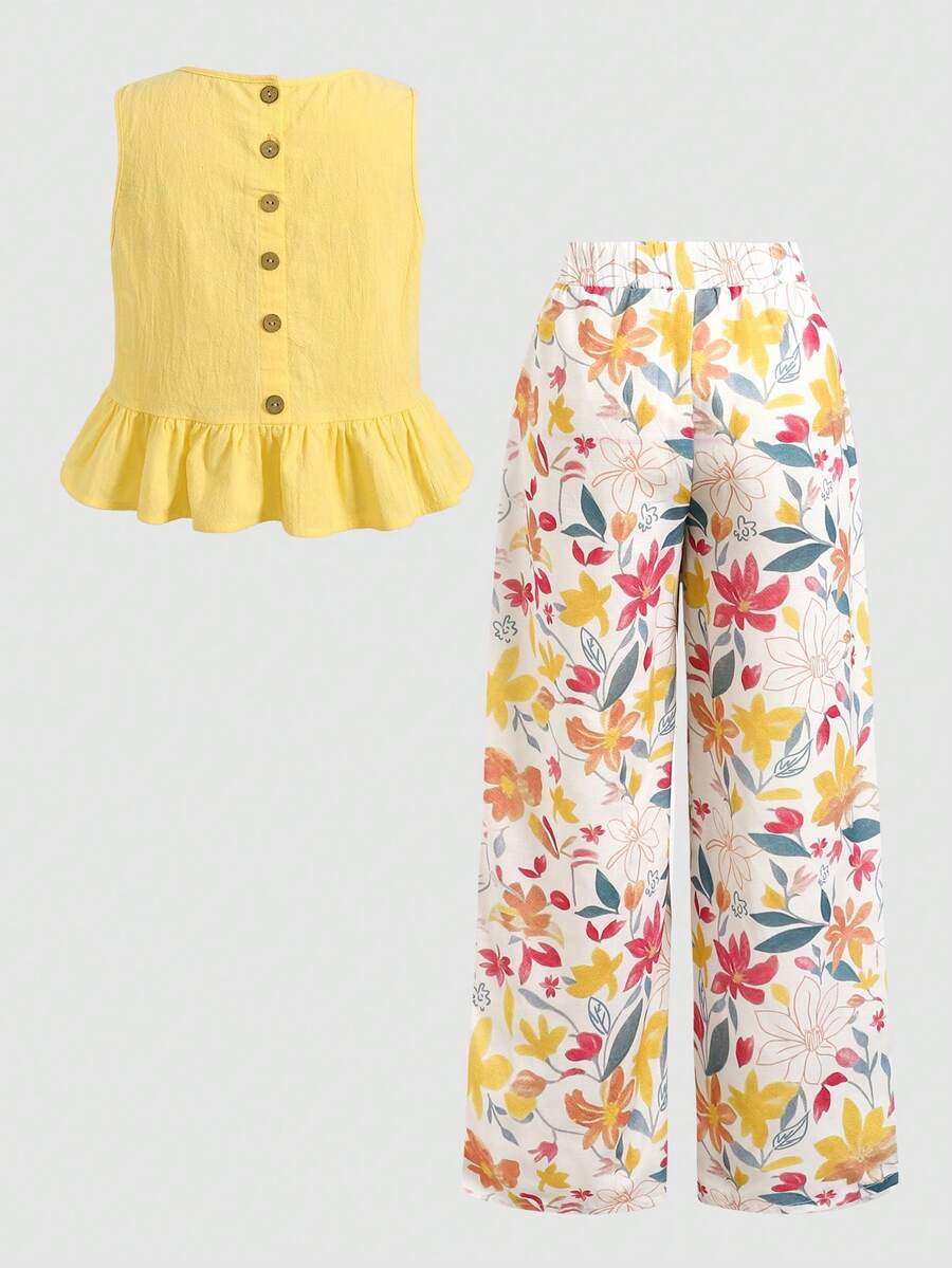 Tween girls casual apricot striped sleeveless top with round neck and ruffle hem paired with matching straight leg pants.