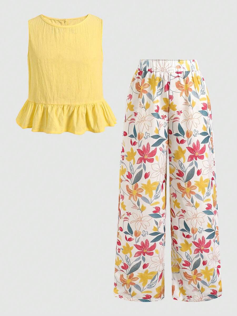 Tween girls casual apricot striped sleeveless top with round neck and ruffle hem paired with matching straight leg pants.