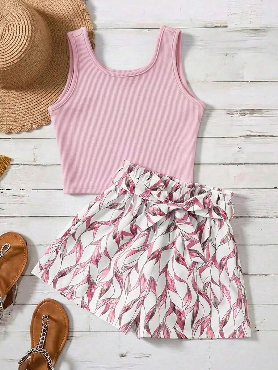 Tween girls 2-piece summer set featuring a turquoise blue ribbed tank top and tropical leaf pattern belted shorts.