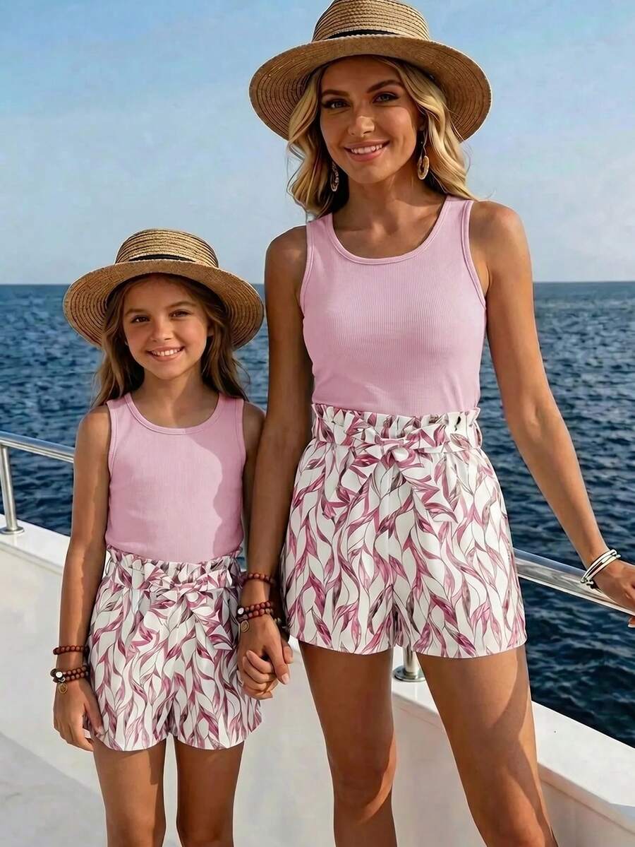 Tween girls 2-piece summer set featuring a turquoise blue ribbed tank top and tropical leaf pattern belted shorts.